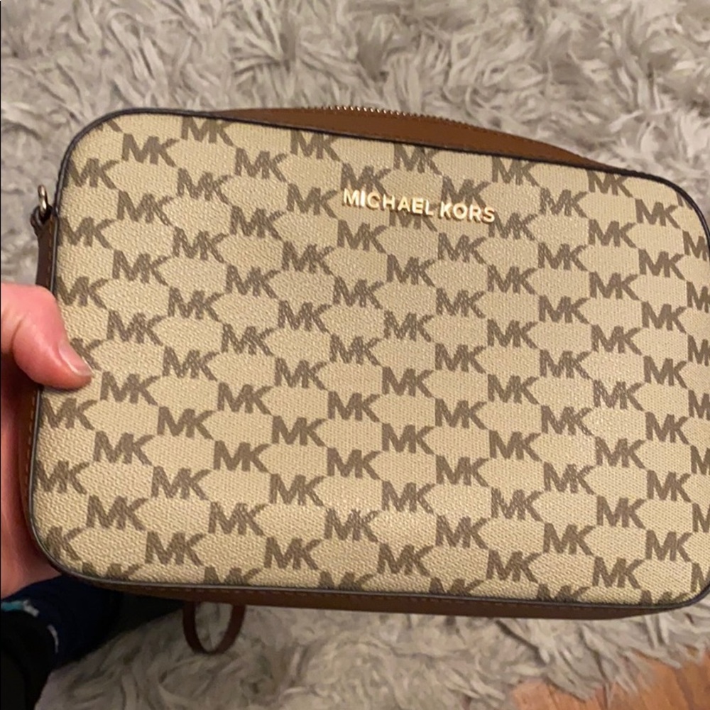 Brown Michael Kors purse with leather gold chain
